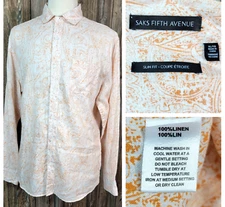 Saks Fifth Avenue Linen Shirt Paisley Slim Fit Orange Button Up Mens XL EUC