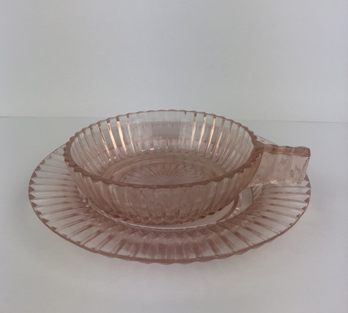 Vintage Blush Pink Depression Glass Bowl and Saucer Ribbed Etched Design Elegant - 第 1/11 張圖片