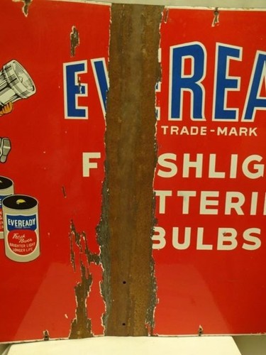 Vintage Eveready Flashlights Batteries Bulbs Porcelain Enamel Sign 36x24 Inches - Picture 3 of 5
