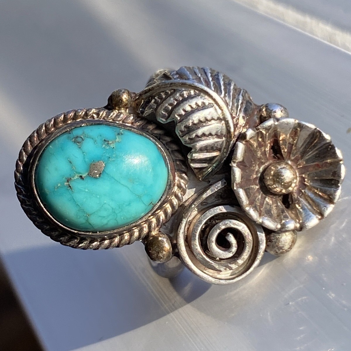 M Chee Navajo Vintage Ring Pyrite Turquoise Size 5.75