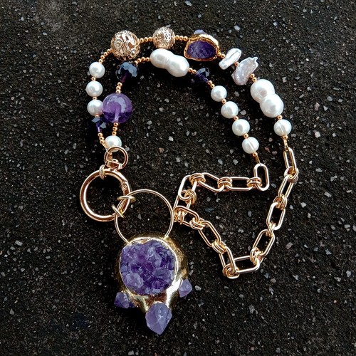 23" Cultured White Pearl Amethyst Necklace Purple Amethyst Raw Druzy Pendant - Picture 5 of 7
