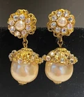 Singed MIRIAM HASKELL Gold T Baroque Champagne Pearl Peridot Rhinestone Earrings