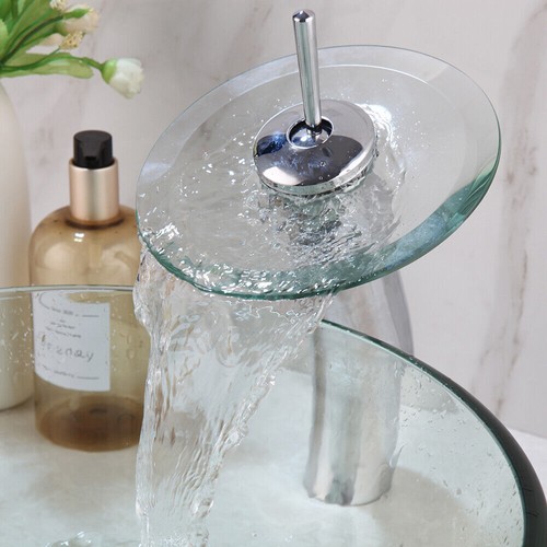 US 17" Bathroom Vessel Sink Clear Tempered Glass Basin Waterfall Spout Mixer Tap - Picture 4 of 7