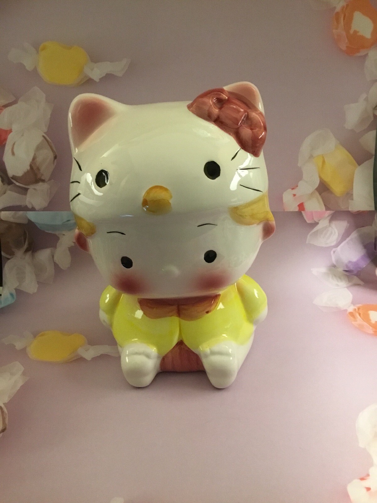 Hello Kitty Bank w/ Stopper Vintage Baby Yellow Pink Cat Ceramic Rare