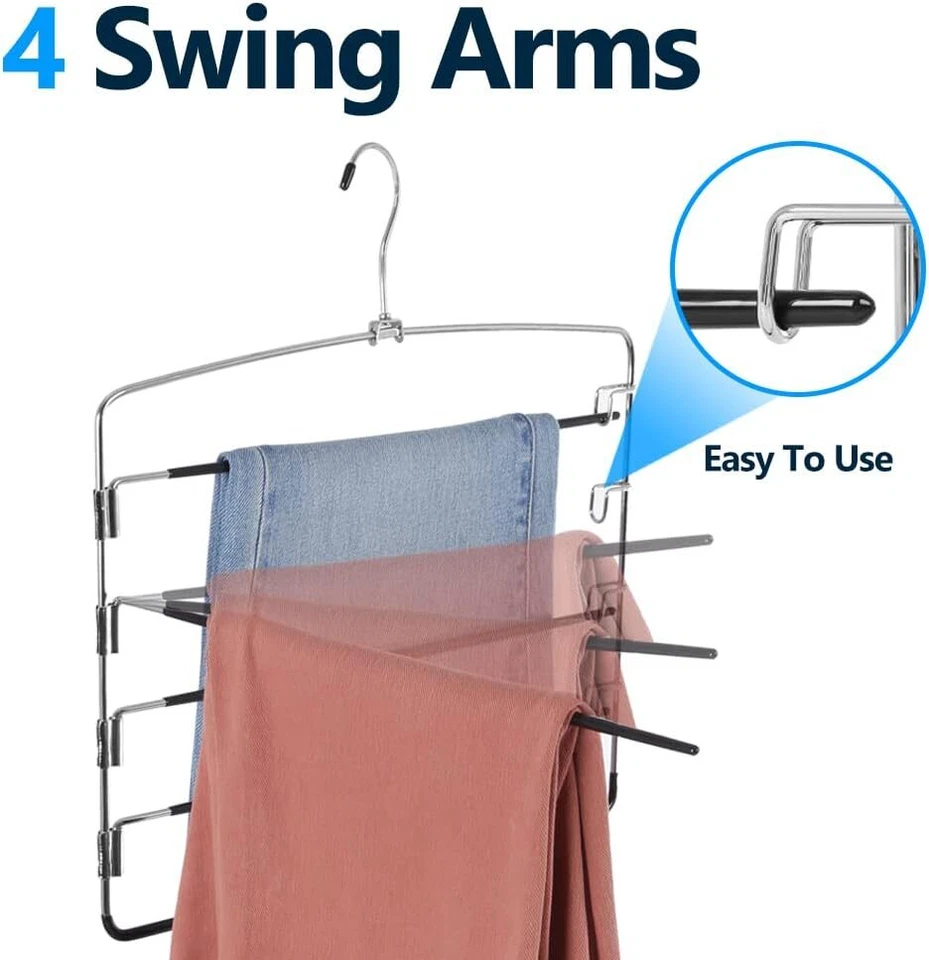 Perchas para pantalones de 5 niveles, paquete de 3 perchas metálicas que ahorran espacio con brazo oscilante para jeans Foto 2 de 3