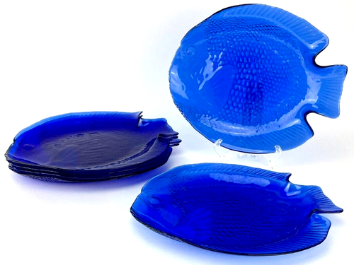 Set 6 piatti pesce vintage Arcoroc France vetro blu cobalto 10-1/2" x 8-1/2" - Foto 1 di 12