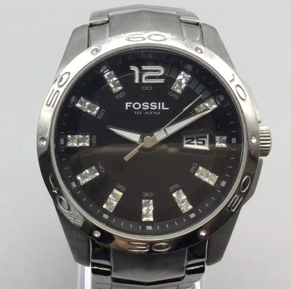 Fossil Watch Men 40mm Silver Tone Black Dial Date Stainless New 