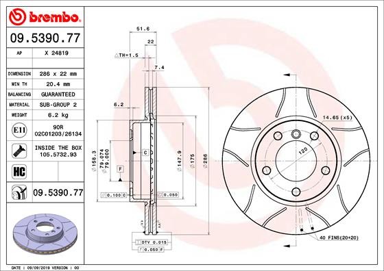 Disque de frein Brembo 09.5390.77 pour trajets sereins en BMW familiale