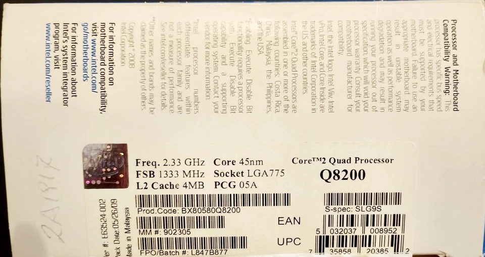 Processore Intel BX80580Q8200 SLG9S Core 2 Quad Q8200 2,33 GHz 1333 MHz 4 Mb Box - Image 4 of 4
