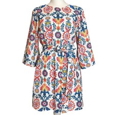 AURA Medallion Mini Dress M White Multicolor Boho Tassel Sleeve Tie Waist Summer