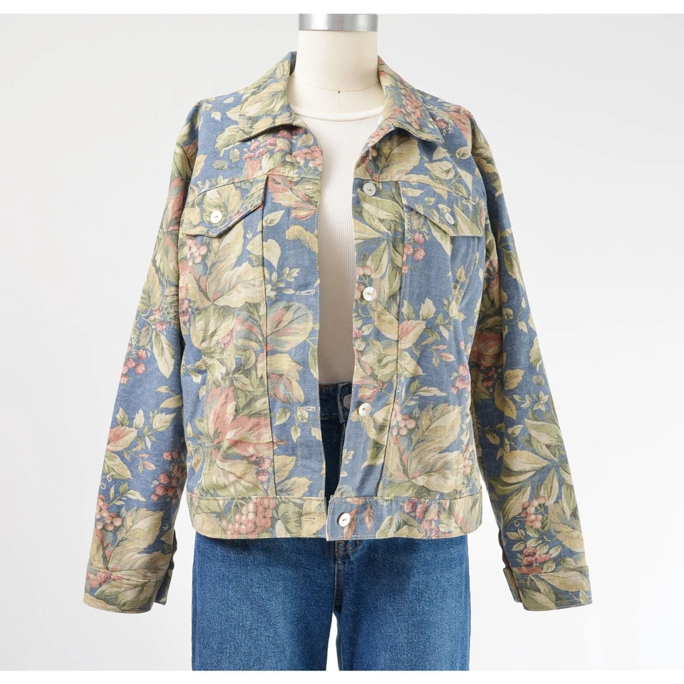 Chaqueta Floral Azul Vintage Años 90 Algodón Cottagecore Informal Tareas Chaqueta S M  Foto 2 de 4