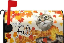 Hello Fall Cat Pumpkin Maple Leaf Mailbox Cover Magnetic Standard Size 21x18 