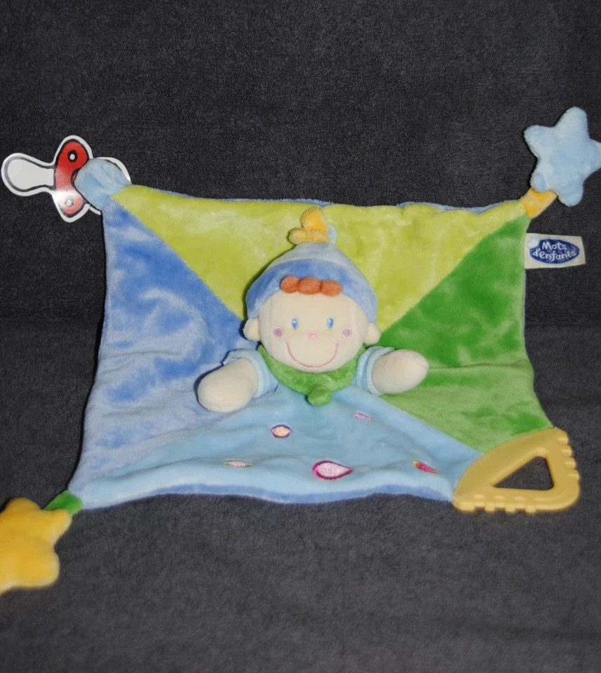 🍀Doudou Plat Lutin MOTS D'ENFANTS Clown Vert Bleu Attache Tétine Dentition TTBE - Photo 2/3