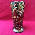 Vintage 1970s Fenton Black Amethyst Carnival Glass Peacock Garden Vase Large 8"