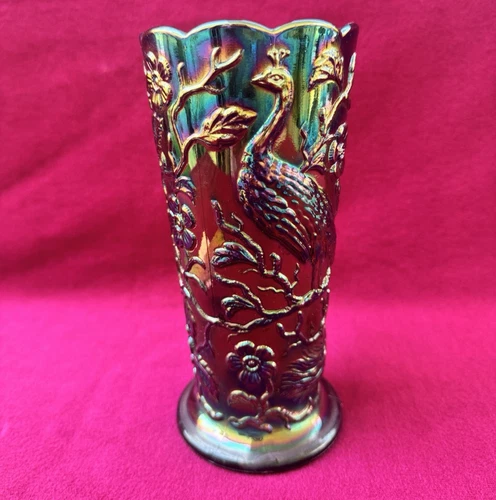Vintage 1970s Fenton Black Amethyst Carnival Glass Peacock Garden Vase Large 8"