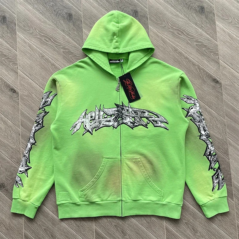 HELLSTAR Hellstar Graffiti Zip Up Hoodie Green Wash Mens Cotton Hooded Zipper