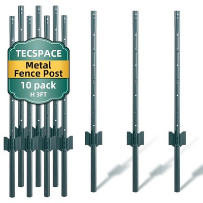 TECSPACE 10 PCS Metal Fence Posts, 3 FT Heavy Duty U-Post for Garden, Farm, Lawn