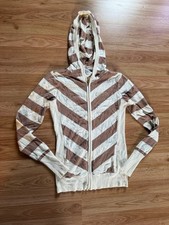 Small Guess Striped Ribbed Hooded Zip Sweatshirt White Brown Rhinestone Logo