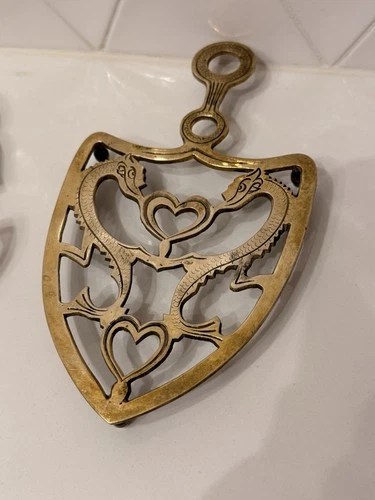 Vintage Brass Trivet Lot of 3 Heart Dragon Floral Round Footed Kitchen Decor image 3