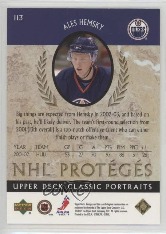 2002 Upper Deck Classic Portraits NHL Protégés /1500 Ales Hemsky #113 Rookie RC - Image 2 of 2