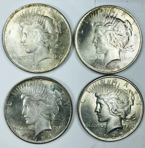 LOT OF 4 MIXED DATE MS++ PEACE DOLLARS! UNBELIEVABLY NICE QUALITY! WOW! NR#K2954