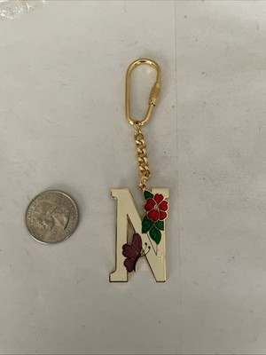 Vintage Gold Plate Cloisonné Enamel Initial N Key Ring