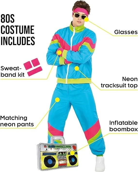 Fantasia masculina brilhante anos 80 adulto anos 90 neon retrô traje de pista Halloween - Imagem 2 de 4