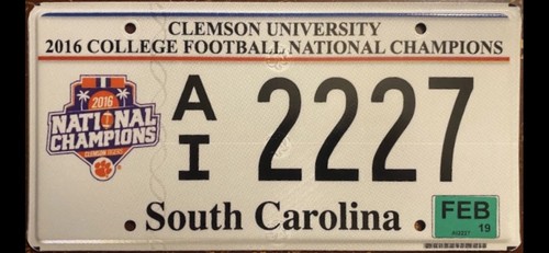 2019 South Carolina CLEMSON FOOTBALL NATIONAL CHAMPIONS license plate
