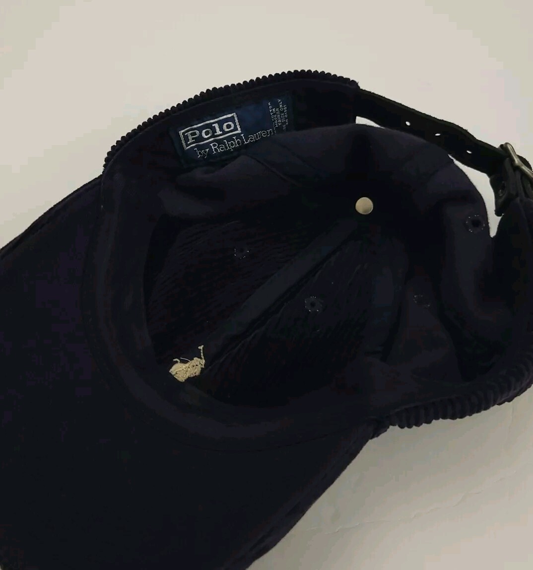 Cappello vintage Polo Ralph Lauren velluto a coste logo pony cinturino in pelle RL sport country