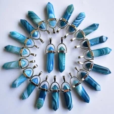 24pcs Natural Stone Blue Line Agate Pendants Hexagonal Pillar Pendulum Necklaces