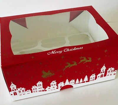  2 x WEIHNACHTEN CUPCAKE Boxen für 6 Kuchen Festliche Leckereien ROT WEIHNACHTEN Dorf Design
