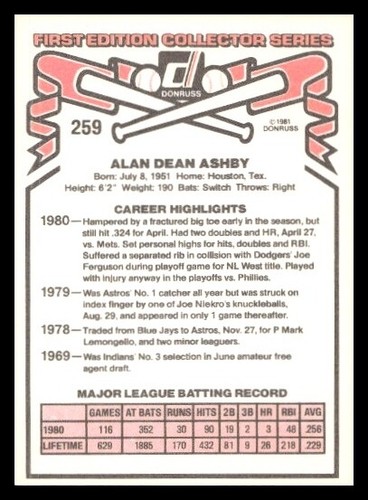 1981 Donruss #259 Alan Ashby Houston Astros Baseball card - Picture 2 of 2