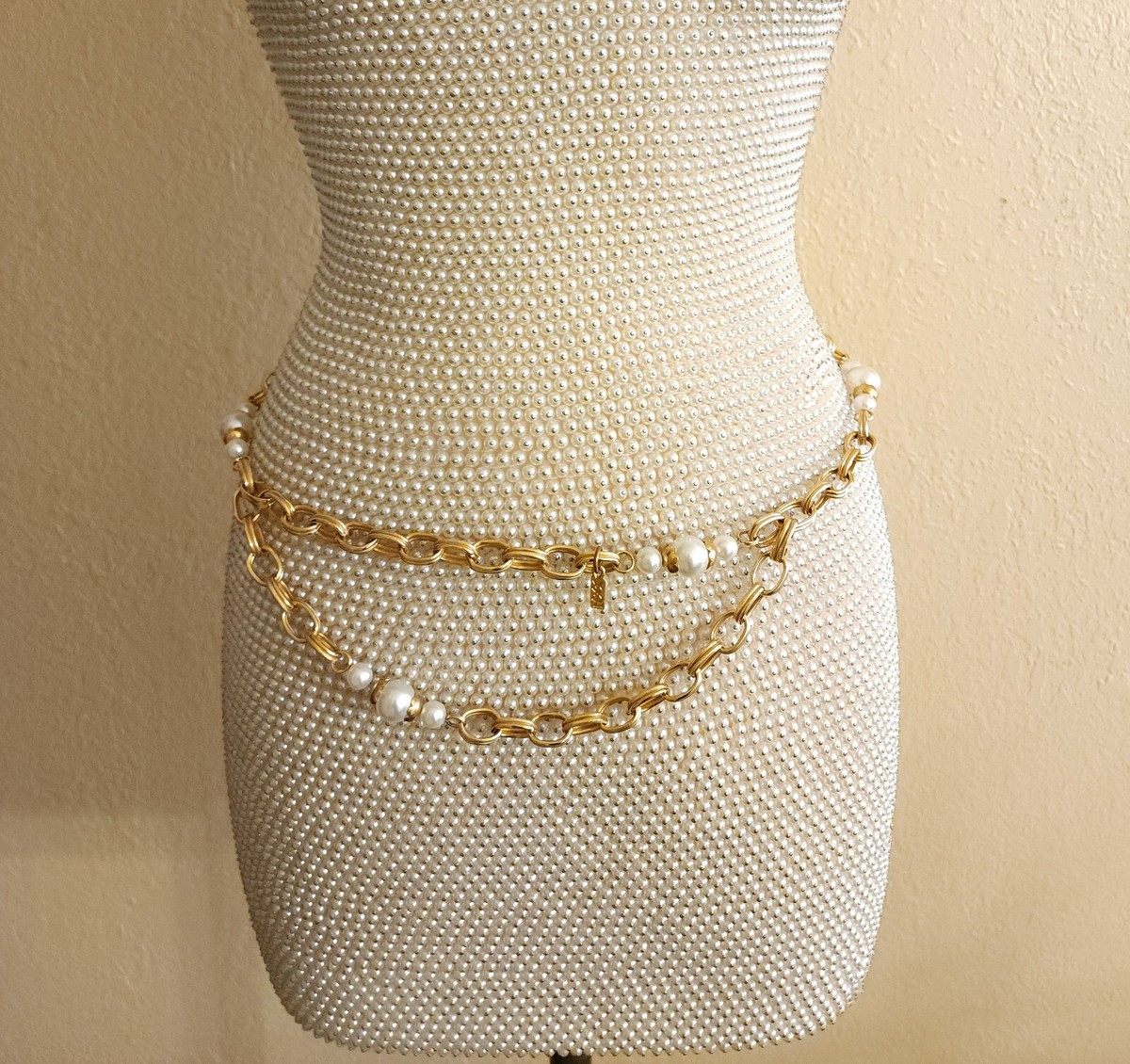 YSL Yves Saint Laurent Gold Tone Faux Pearl Chain Link Belt