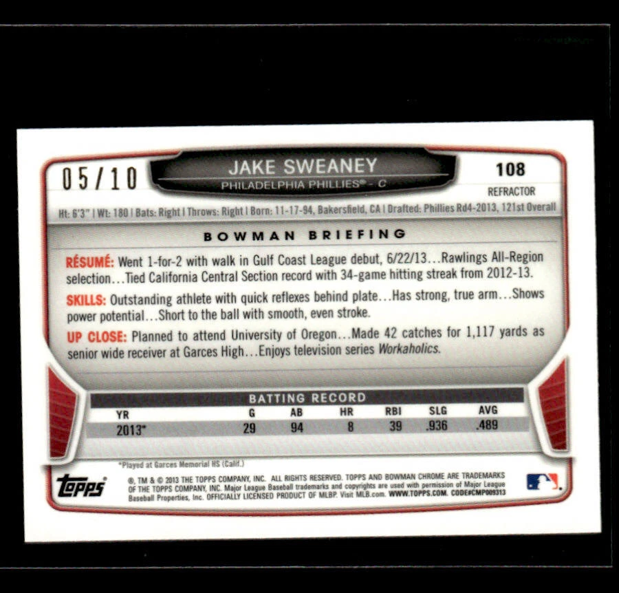 2013 Bowman Chrome Mini #108 Jake Sweaney Red Refractors #/10 - Image 2 of 2