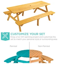 8 Person Wood Picnic Table & Built-in Benches Can DIY Painted with Umbrella Hole