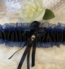 BESPOKE GOTHIC BLACK & NAVY BLUE ORGANZA +SKULL CHARM-WEDDING / DRESS UP/PROM