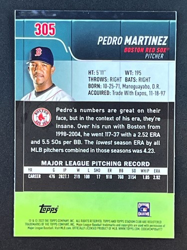 PEDRO MARTINEZ 2022 Stadium Club Chrome #305 Boston Red Sox HOF - Picture 2 of 2