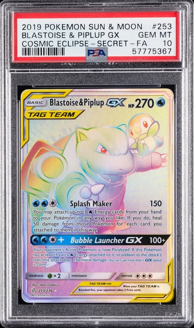 2019 POKEMON SUN & MOON COSMIC ECLIPSE FULL ART/BLASTOISE & PIPLUP GX PSA 10