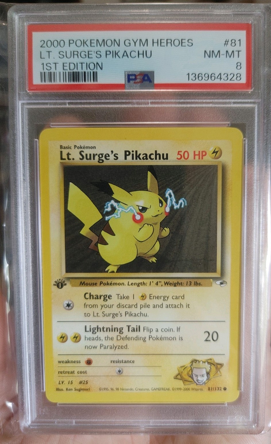 Pokemon 2000 Gym Heroes Lt. Surge's Pikachu 1st Edition #81/132 PSA 8