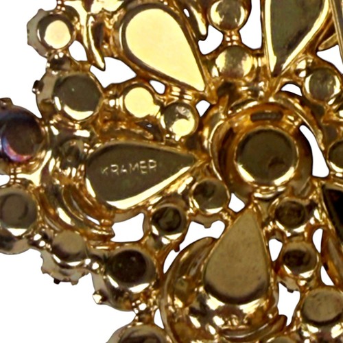 Vintage Kramer Clear Rhinestone Crescent Moon Flower Gold Tone Brooch Signed - Bild 3 von 4
