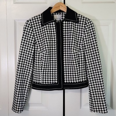 Vintage Alberto Makali Black & White Houndstooth Blazer Jacket SZ 4 Preppy USA