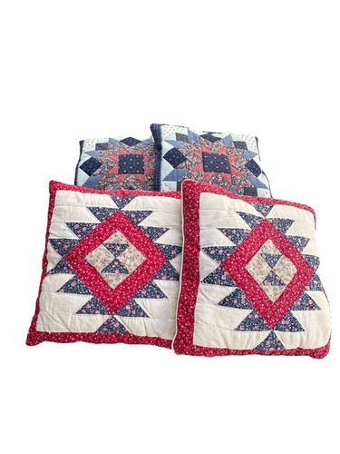 Set of 4 Handmade Quilted Patchwork Pillows Americana Star Floral Cottage-core
