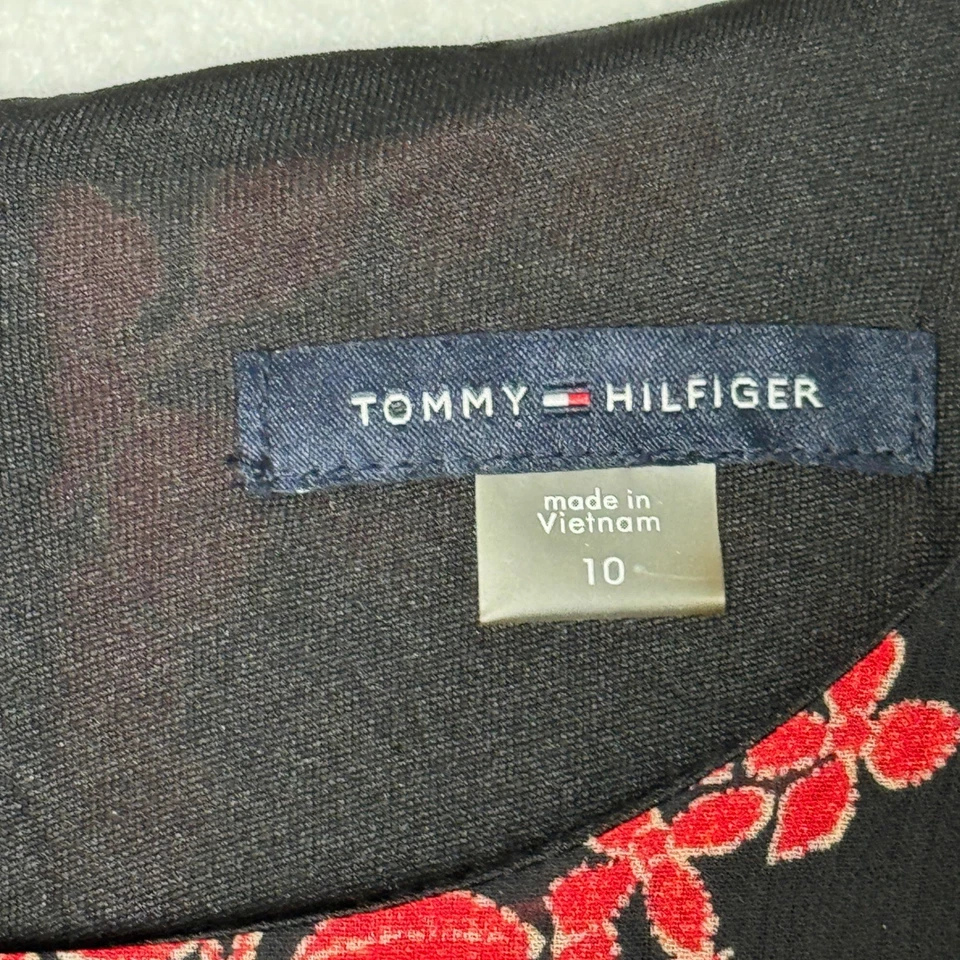 Tommy Hilfiger Women Black Red Floral Long Sleeve Belted Fit Flare Dress Size 10 - Image 2 of 4