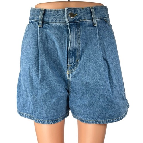 Zara Women's Blue Medium Wash Pleated High Waist Denim Jeans Bermuda Shorts Sz 2