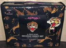 Ed Hardy Black with Tigers Print 6pc KING Sheet Set with 4 Pillowcases