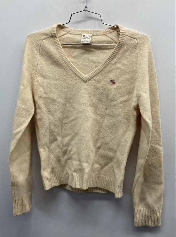 Abercrombie Women's Vintage 90s Cream V-Neck Wool Blend Sweater Logo Sz L