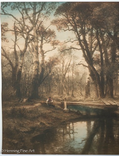 Antigua litografía de paisaje arbolado romántico con figura de Stream - Imagen 2 de 8