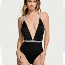 Victorias Secret  Swim Bling Shine Strap Plunge One-piece Swimsuit Black Size XS