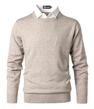 Men's Crew Neck Jumpers Knitted Sweater with Mock Shirt Neck Large Beige