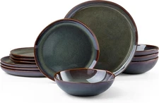 HaWare Plates and Bowls Set, 12 Pieces- Service for 4, Reactive Moss Green 